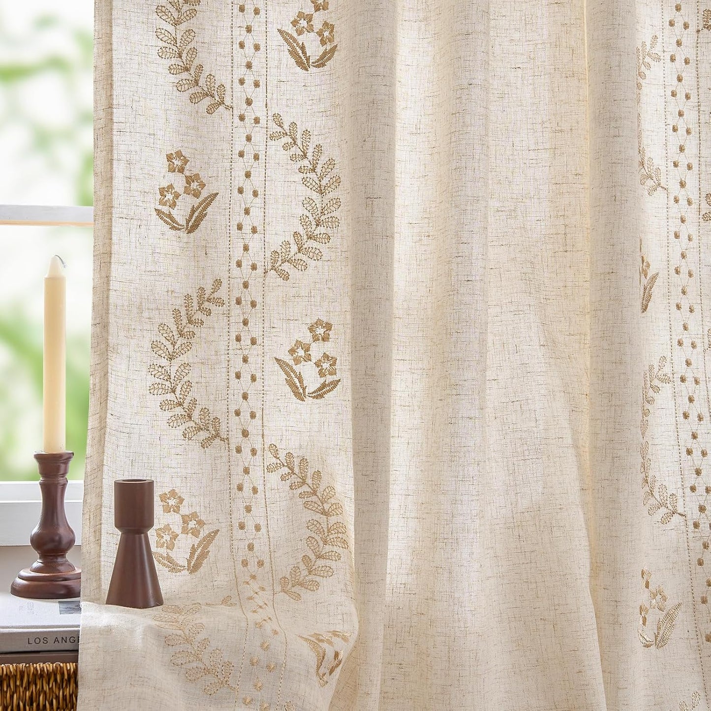 jinchan Belrose Linen Curtains for Bedroom Floral Curtains 84 Inch Length Linen Blend Beige Embroidered Drapes Farmhouse Flower Patterned Drapes for Living Room Window Treatments Set 2 Panels