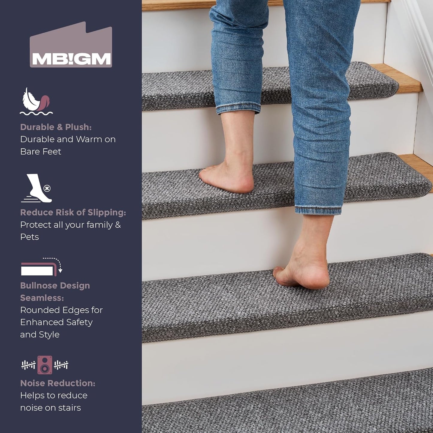MBIGM Bullnose Non-Slip Stair Treads w/Reusable Adhesive 14 Pack 9.5" x 30" Wooden Steps Protection - TPU Backing with Steel Reinforcement - Anti-Slip Solution Knitted Dark Gray Non Slip Stair Tread