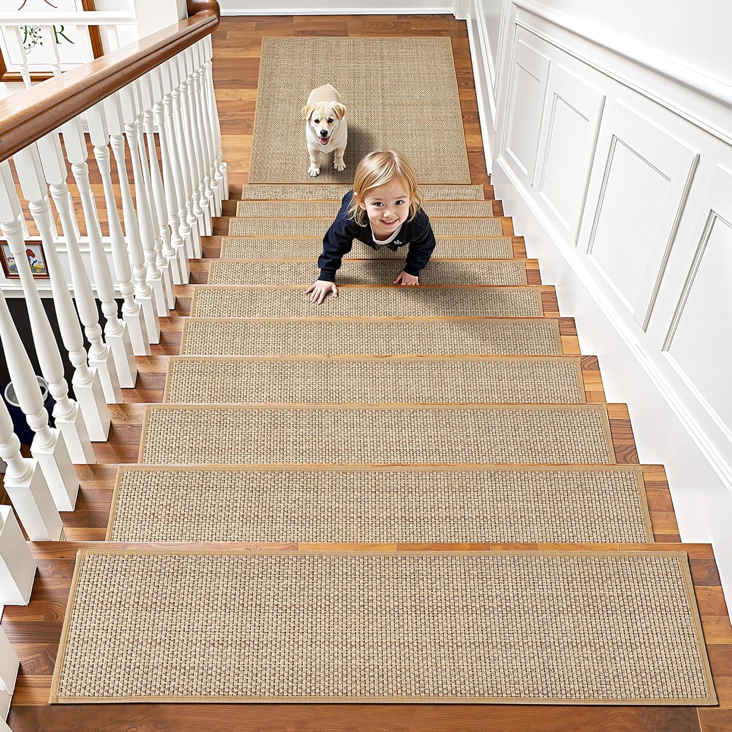 15pcs Stairs Treads and 1 Landing Carpet, Breathable Chenille Stair Carpet Non Slip for Wooden Steps Rubber Backing Stairs Runner Indoor Treads Stair Covers Mat 8"X30" and 30"X30"