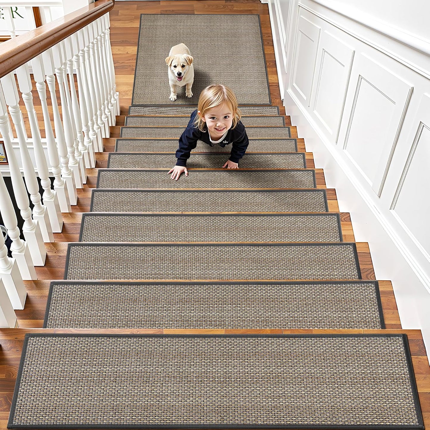 15pcs Stairs Treads and 1 Landing Carpet, Breathable Chenille Stair Carpet Non Slip for Wooden Steps Rubber Backing Stairs Runner Indoor Treads Stair Covers Mat 8"X30" and 30"X30"