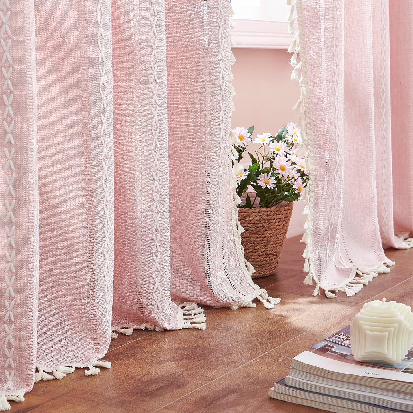 Linen Curtains 84 Inches Long - Embroidery Striped Farmhouse for Living Room, Tassel Boho for Bedroom, Light Filtering 2 Panels Set Rod Pocket Drapes (52" W x 84" L, Khaki)
